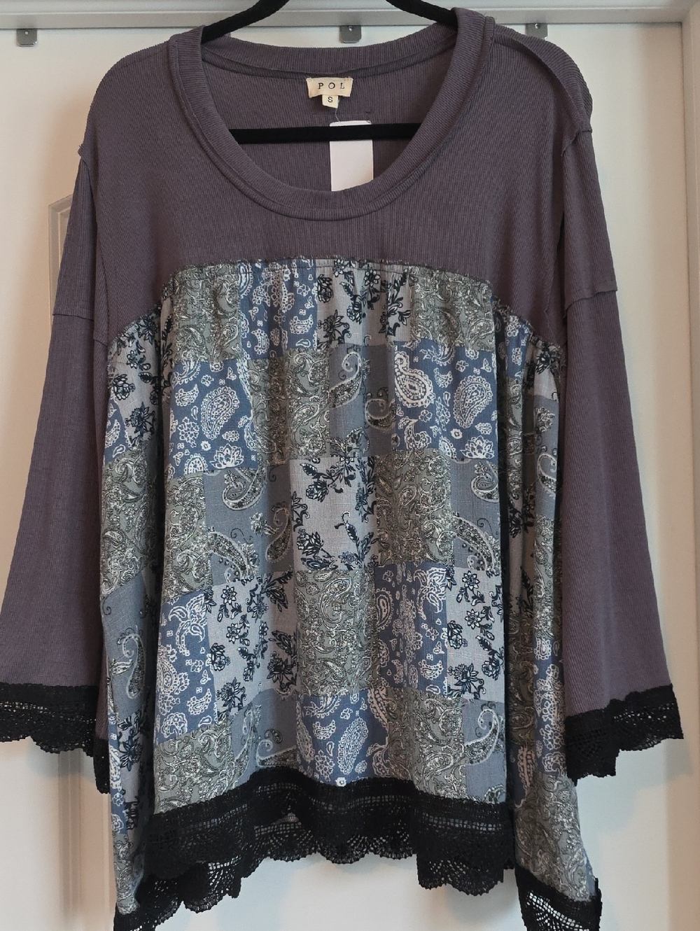 NWT POL oversized Small  Patchwork Paisley Long Sleeve Top in Gray and Blue